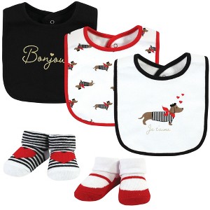 Hudson Baby Infant Girl Cotton Bib and Sock Set, Bonjour, One Size - 1 of 4