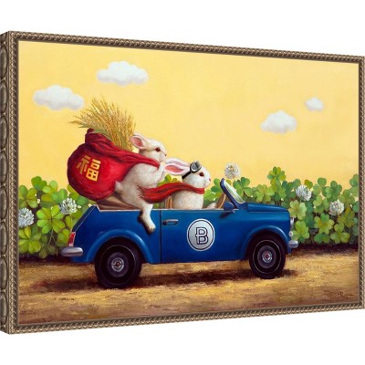 Whimsical Bunnies in Blue Car Framed Canvas Print