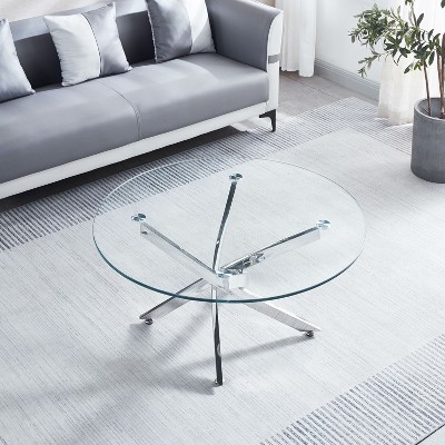 NicBex Modern 23.6" Round Coffee Table with Glass Top and Silver Legs for Living Room and Bedroom