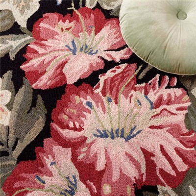 Handmade Black Floral Wool Rectangular Area Rug