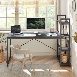 Bestier 63" Computer Desk with Adjustable Shelves, Writing Desk with Reversible Bookshelf, Black - 1 of 4