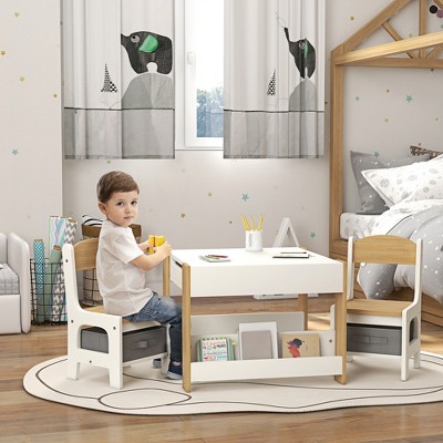 Lirago Kids Wood Table and 2 Chairs Set Children Activity Table Toddler Furniture Set with Reversible Blackboard Storage and Bookshelves Brown