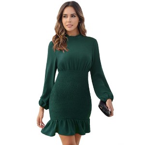 Women's Ruffle Mock Neck Long Sleeve Mini Dress Casual Smocked High Waist Ruffle Hem Bodycon Short Dresses - 1 of 4