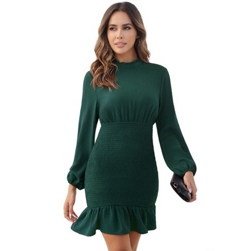 Women s Ruffle Mock Neck Long Sleeve Mini Dress Casual Smocked High Waist Ruffle Hem Bodycon Short Dresses Dark Green XL