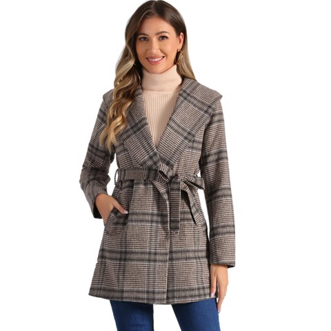 INSPIRE CHIC Women's Shawl Collar Check Belted Wrap Plaid Coat with Pockets Khaki Houndstooth Large