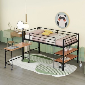 PAGED Simple Metal Loft Bed Bunk Bed with Desk, Twin Size Bed Frame with Storage Shelves, Ladder and Guardrail for Kids, Teens, Adults - 1 of 4