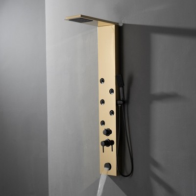 Gold Brushed 4-Jet Rainfall Shower Panel System with Handheld Wand
