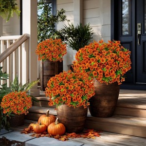 Artificial Fall Flowers Outdoor Fake Mums - 16 Bundles Fake Plants UV Resistant No Fade Faux Plastic Red Orange - 1 of 4