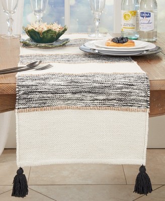 Black and White Cotton Striped Table Runner with Tassels