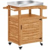 Outsunny Outdoor Grill Cart with Wheels and Storage Cabinet, Solid Wood Outdoor Kitchen Island with Stainless Steel Top, Drawer, Side Handle, Brown - 4 of 4
