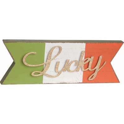 Transpac Wood 13.75 in. Multicolor St. Patricks Day Lucky Irish Flag Freestanding Tabletop Mantel Sign
