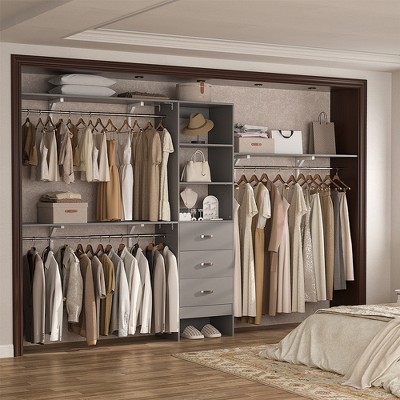 Aheaplus Closet System with 3 Drawers and 3 Hanging Rods, Freestanding Wardrobe with Shelves