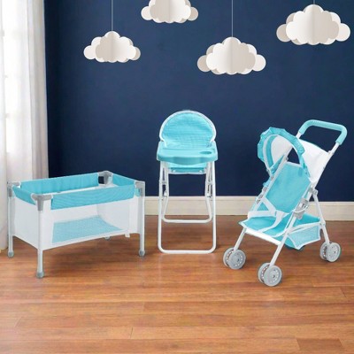 Olivia's Little World 3pc Nursery Set Blue/White Stroller for 16-18" Dolls