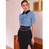 Allegra K Women's Contrast Collar Tie Ruffle Front Button Short Sleeve Work Shirt - 2 of 4
