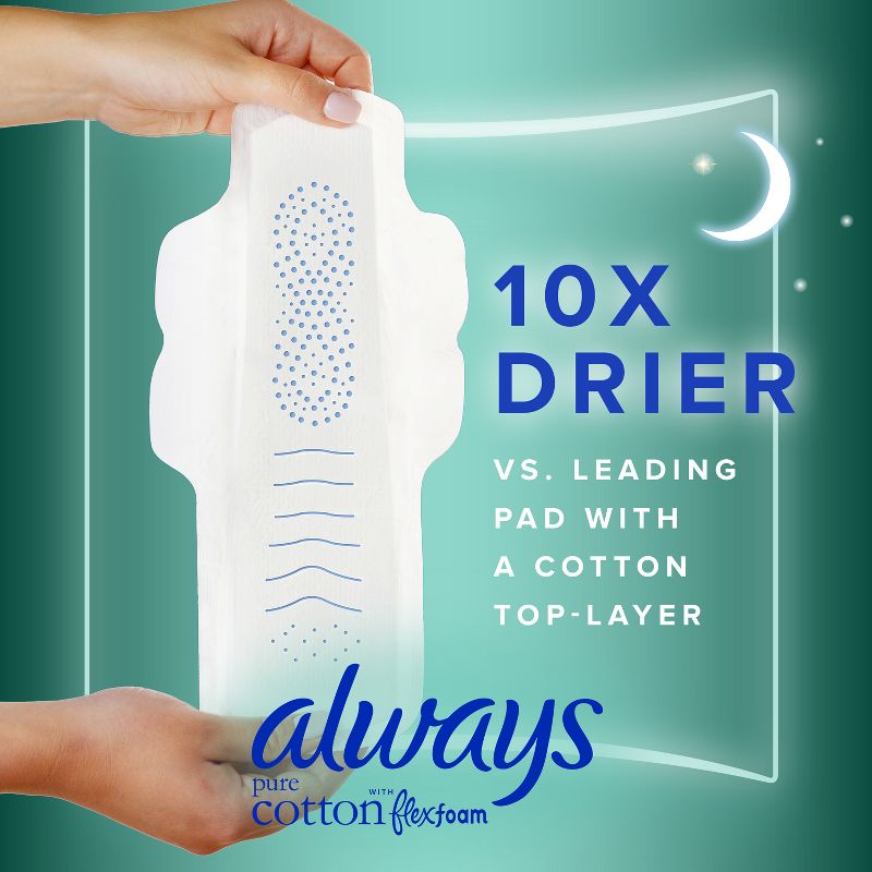 Always Extra Heavy Overnight Pure Cotton Pads with Wings - Size 5 - 18ct, 4 of 10