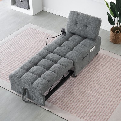 ModernLuxe Convertible Chaise Lounge Sofa Bed Sleeper Lazy Sofa Teddy Upholstered Accent Chair Reading Couch, Beige/Orange/Gray