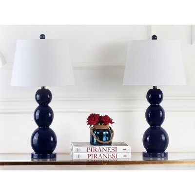 Elegant Navy Glass Table Lamp Set with Graduated Orbs and Off-White Shade