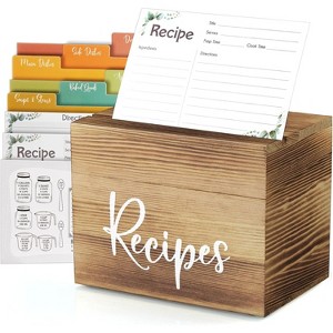 Recipe Box, Wooden Recipe Organizer, Black Holder with 50 Recipe Cards 4"x6" & 6 Dividers, Book for Your Recipes - 1 of 4