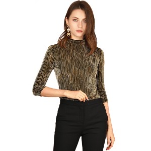 INSPIRE CHIC Women's Party Glitter 3/4 Sleeve Stand Up Neck Shiny Striped Metallic Blouse - 1 of 4