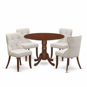 HomeStock 5-Pc Round Mahogany Finish Solid Wood Top Dining table with 4 Chairs with Drop Leaf - 1 of 4