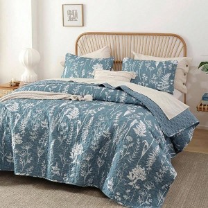 Queen Size Botanical Quilt Set, 3 Pieces, Lightweight Microfiber, Reversible, Floral Pattern, Blue - 1 of 4
