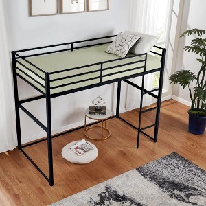 MAYEERTY Twin Size Metal Loft Bed, Loft Bed Frame with Safety Guard Rails & Flat Ladder, for Kids Teens Adults, Black - 1 of 4