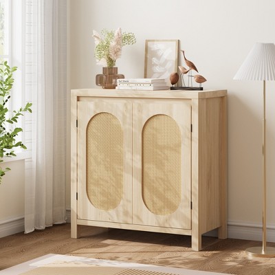 Rustic Storage Cabinet, 30.1" Buffet Cabinet with Rattan Doors, Wooden Mid-Century Coffee Bar Storage Station, Natural