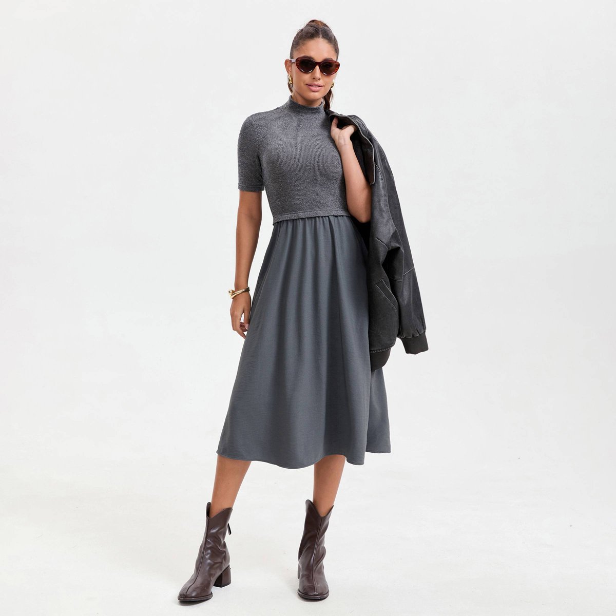 Женские платья A New Day Women's Short Sleeve Twofer Midi Dress - A New Day™ Gray M — фото 4
