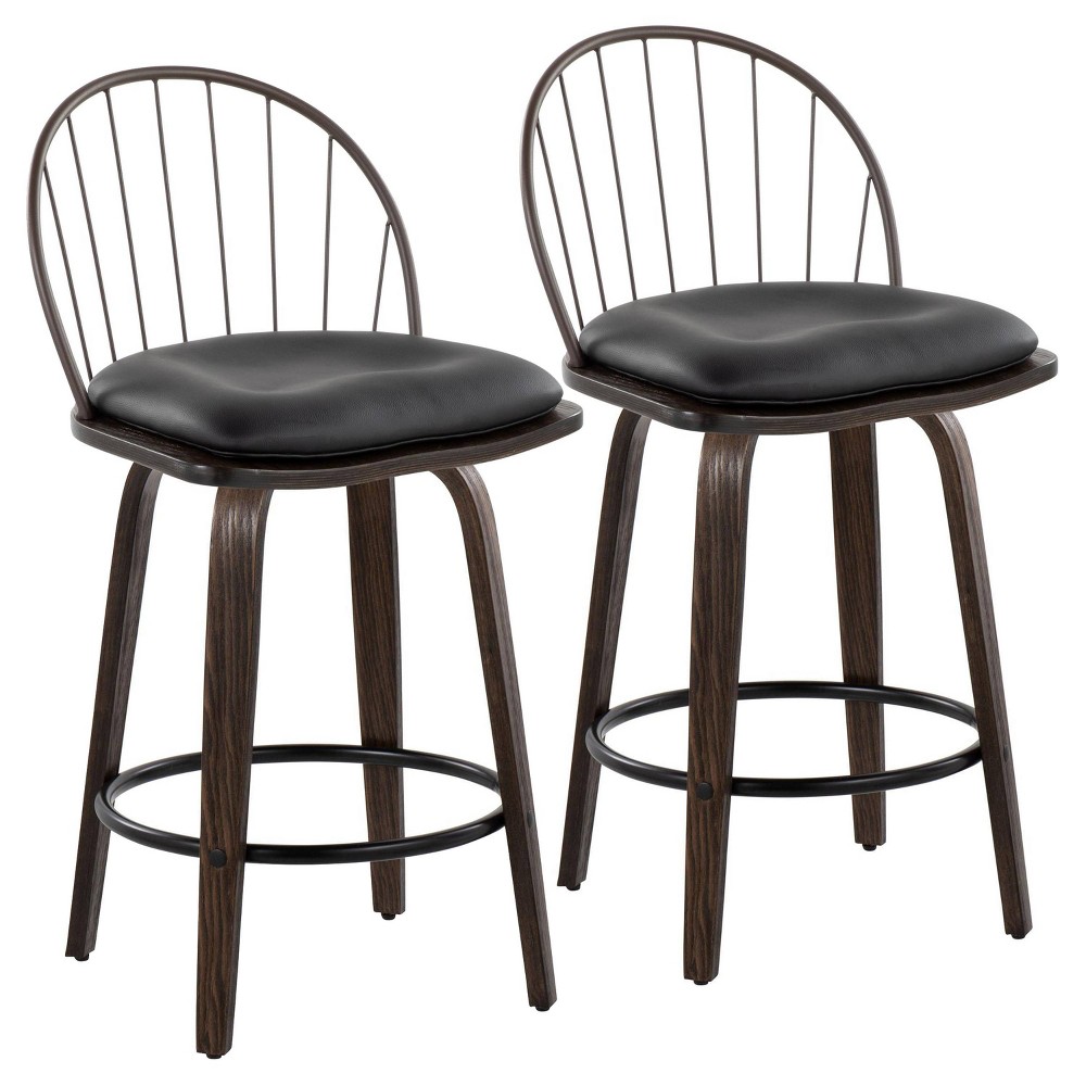 Set of 2 Riley Counter Height Barstools Walnut/Brown: Farmhouse Style, Swivel, Faux Leather - LumiSource