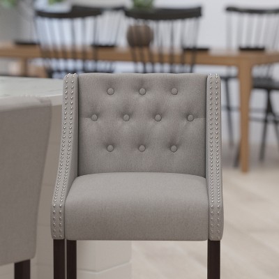32" Light Gray Tufted Fabric Counter Stool with Walnut Wood Frame
