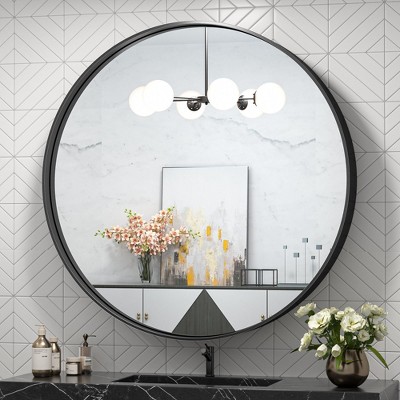 Keonjinn Metal Framed Round Bathroom Vanity Mirror Wall-Mounted,Black,30"x30"