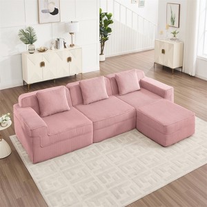 RISOKEYS Modular 3 Seat L Shape Sectional Boneless Sofa - Corduroy Cloud Sectional Couch with Deep Seat,Pillows & 1 Movable Ottoman - 1 of 4