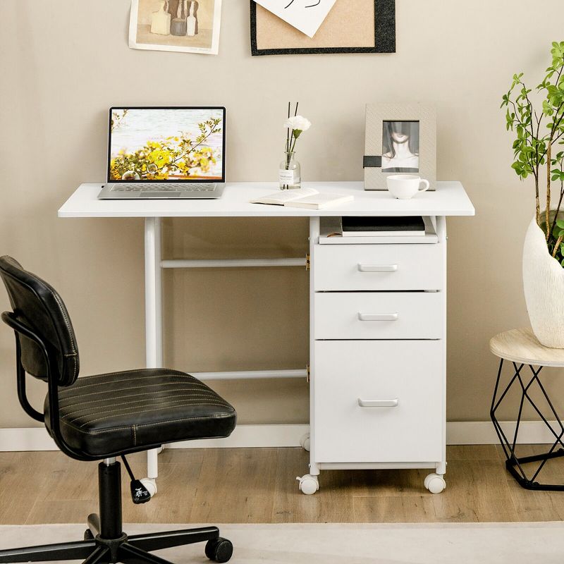 Tangkula Folding Computer Laptop Desk Wheeled Home Office Furniture w/3 Drawers White, 3 of 10