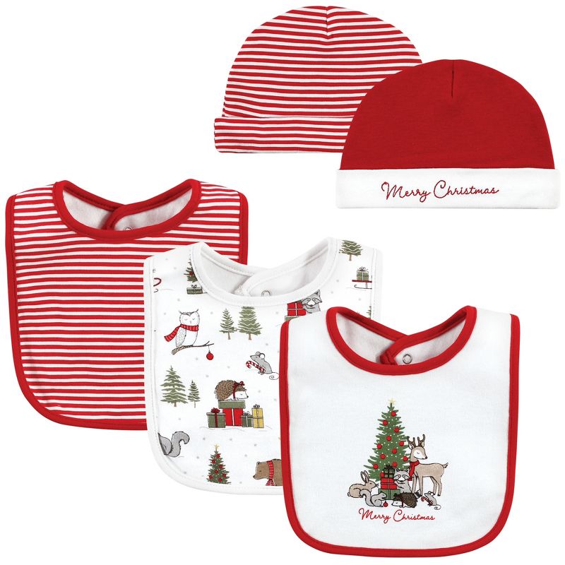 Hudson Baby Unisex Baby Cotton Bib and Headband or Caps Set, Christmas Forest, One Size, 1 of 6