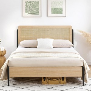 Queen Bed Frame with Rattan Headboard - Boho Style Platform Bed with Underbed Storage, No Box Spring Needed - 1 of 4
