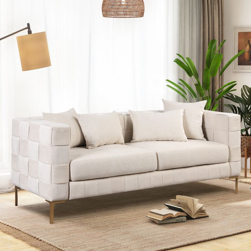 80.5" Modern Upholstered Sofa with Golden Metal Legs and 4 Pillows-ModernLuxe, 2 of 16