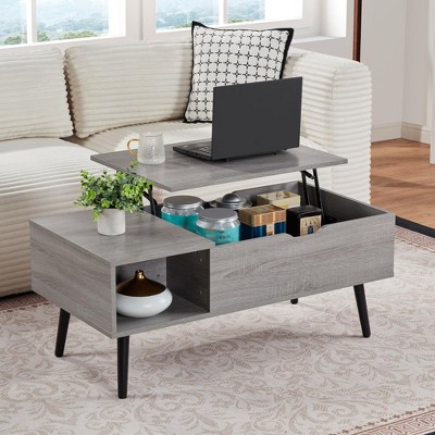 MaseiKar 39" Wood Lift Top Coffee Table with Hidden Compartment and Storage Shelf for Living Room, Reception Room, Grey