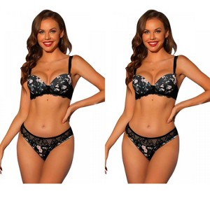 Allegra K Women's Push Up Adjustable Straps Padded Floral Lace Underwired Bras and Panties 2 Packs - 1 of 4