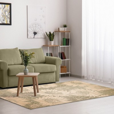 Green and Tan Synthetic Flat Woven Rectangular Rug