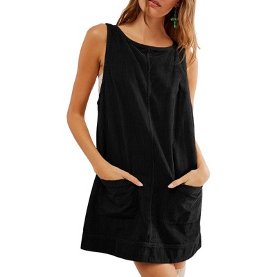 Women's Overall Dress Summer Casual Overall Corduroy Shift Dress U Back A Line Jumper Dress Tank Mini Dress with Pockets
