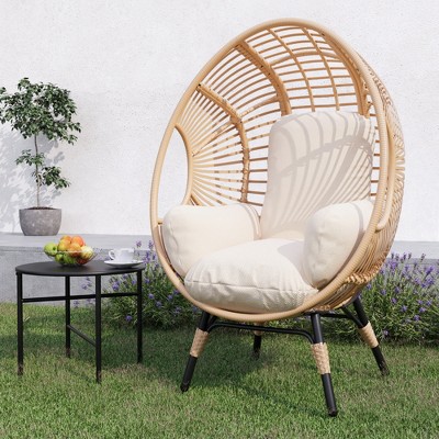 VisioGear Patio Ratten Egg Chairs, Wicker Weaving Egg Chair with Oversized Semi-enclosed Cushion for Living Room Balcony, Beige, 37.4"*53.5"*35.5"