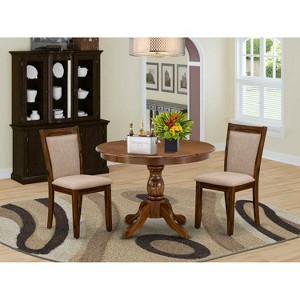 HomeStock 3-Pc Dining Room Table Set Contains a Pedestal Table and 2 Light Tan Linen Fabric Kitchen Chairs - Sand Blasting Antique Walnut Finish - 1 of 4