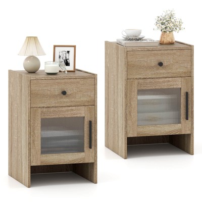 Costway 1/2 PCS Farmhouse Nightstand Fluted Bed Side Table with Large Drawer & Enclosed Cabinet