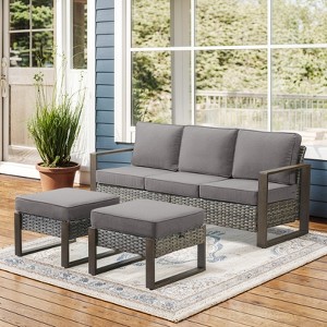 POCASSY 75" Wide Outdoor Sofa Outdoor Furniture Sets, All-Weather Brown Wicker Rattan Outdoor Couch with Ottomans and Cushions for Porch Balcony - 1 of 4