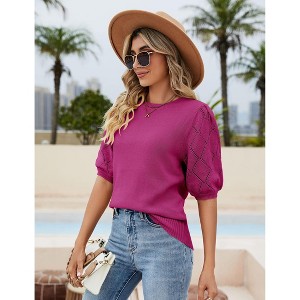 Women's Round Neck Short Sleeve Sweater Summer Casual Puff Sleeve Pullover Knit Top - 1 of 4