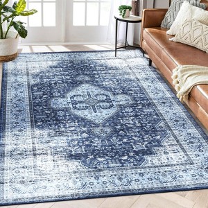 Faux Wool Boho Vintage Floral Printed Area Rug Ultra Thin Low Pile, Machine Washable Stain Resistant  Non Slip Non Shedding Pet Friendly Floor Rug - 1 of 4