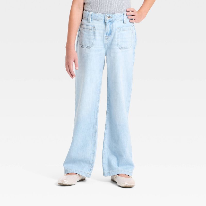 Girls' Mid-Rise Patch Pocket Wide Leg Jeans - Cat & Jack™ Light Wash 4