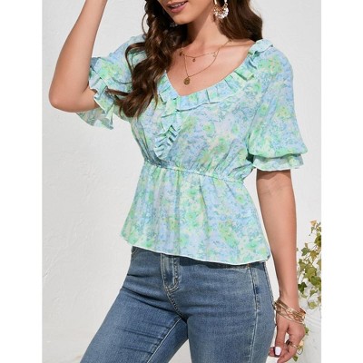 Women's V Neck Half Lantern Sleeve Shirts Babydoll Tops Blouse Casual Tunic Tops