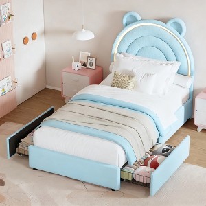 Princess Twin Size Bed Frame with 4 Storage Drawers & LED Lights, Velvet Upholstered Platform Bed with Rainbow Headboard for Kids/Girls - 1 of 4