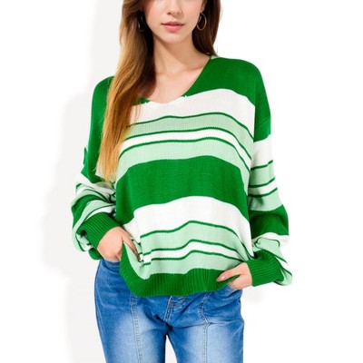 Anna-Kaci Women's Striped V-Neck Relaxed Knit Sweater